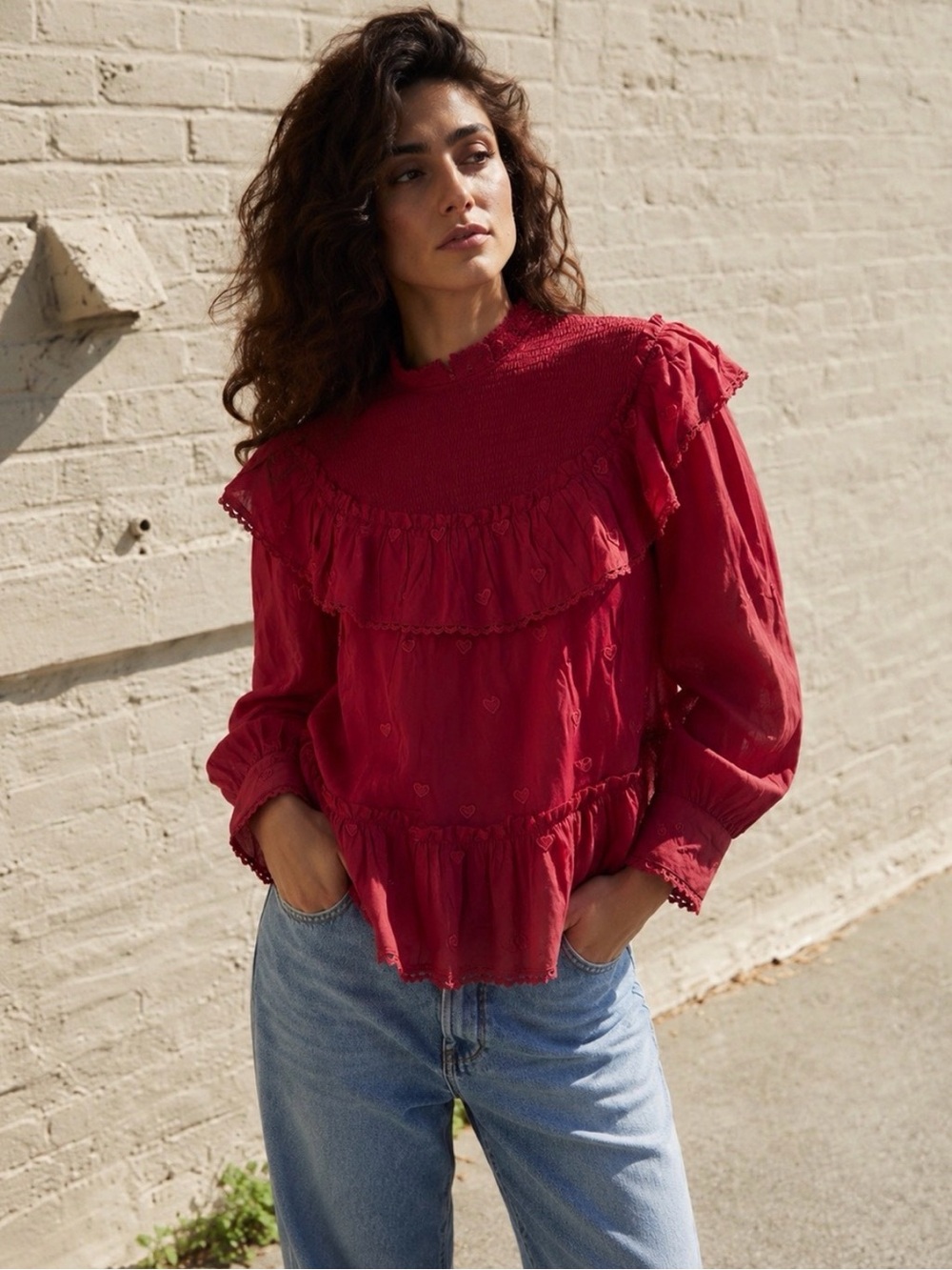 FARM Rio Crimson Ruffle Heart-Embroidered Blouse - Picture 2 of 3